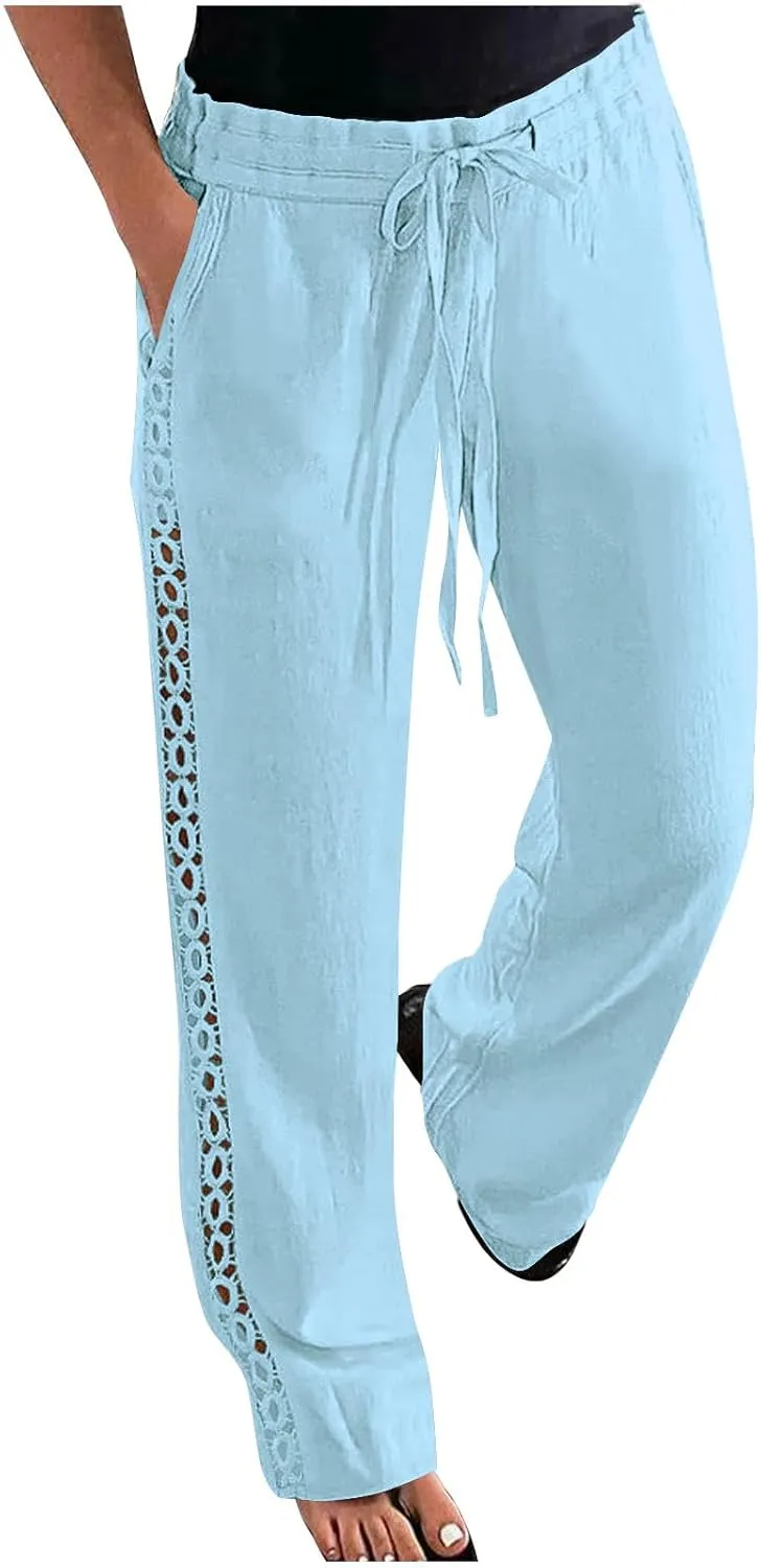 Womens Casual Cotton Linen Pants Trendy Drawstring Side Hollow Trousers Summer Vacation Lounge Travel Outfits 2025