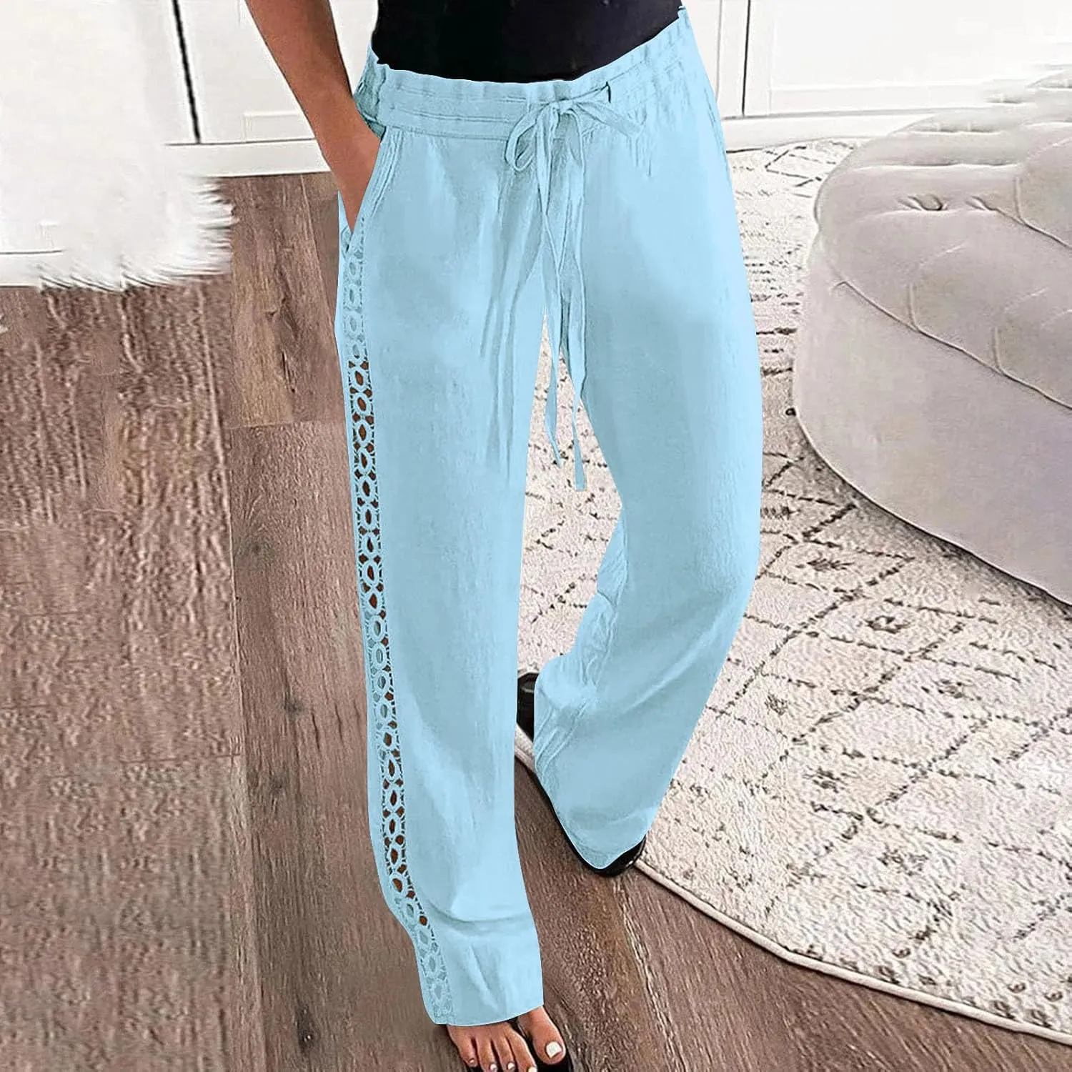 Womens Casual Cotton Linen Pants Trendy Drawstring Side Hollow Trousers Summer Vacation Lounge Travel Outfits 2025