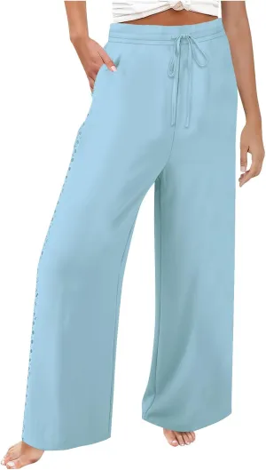 Womens Casual Cotton Linen Pants Trendy Drawstring Side Hollow Trousers Summer Vacation Lounge Travel Outfits 2025