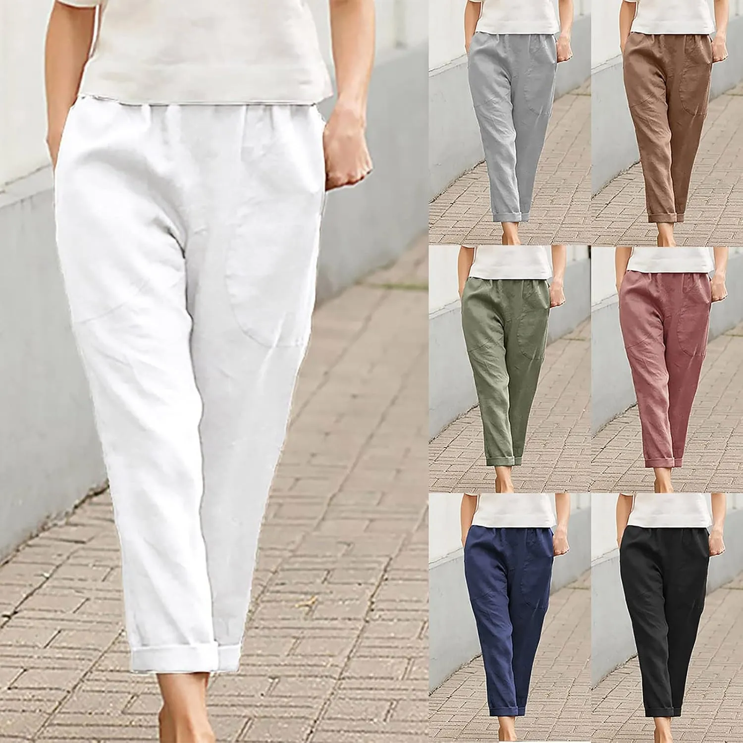 Womens Casual Cotton Tapered Capri Cargo Pants Loose Elastic Waist Straight Ankle Cropped Trouser Slacks with Pockets
