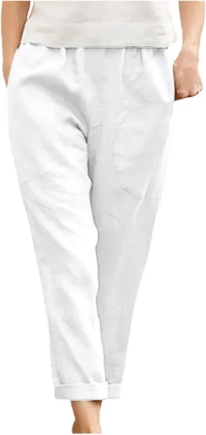 Womens Casual Cotton Tapered Capri Cargo Pants Loose Elastic Waist Straight Ankle Cropped Trouser Slacks with Pockets