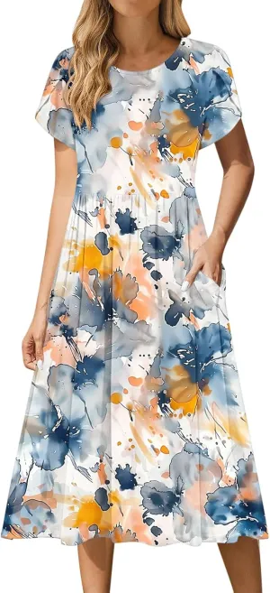 Womens Casual Dress for Summer Short Sleeve Pleated Dress Flowy Floral Beach Dress with Pockets A Line Midi Sundress