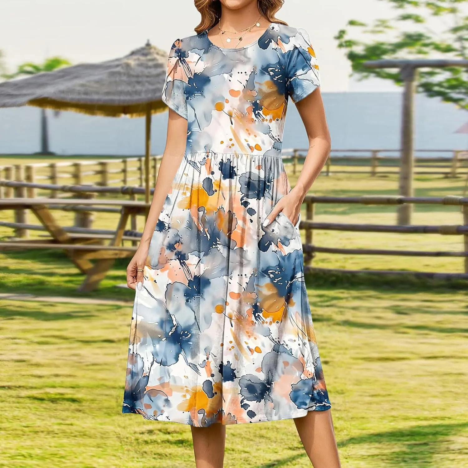Womens Casual Dress for Summer Short Sleeve Pleated Dress Flowy Floral Beach Dress with Pockets A Line Midi Sundress