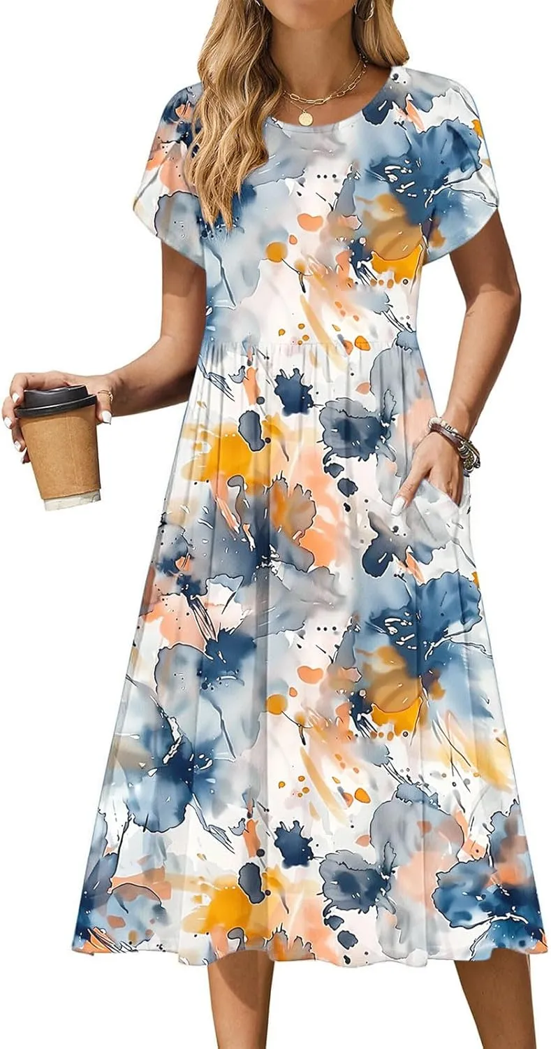 Womens Casual Dress for Summer Short Sleeve Pleated Dress Flowy Floral Beach Dress with Pockets A Line Midi Sundress