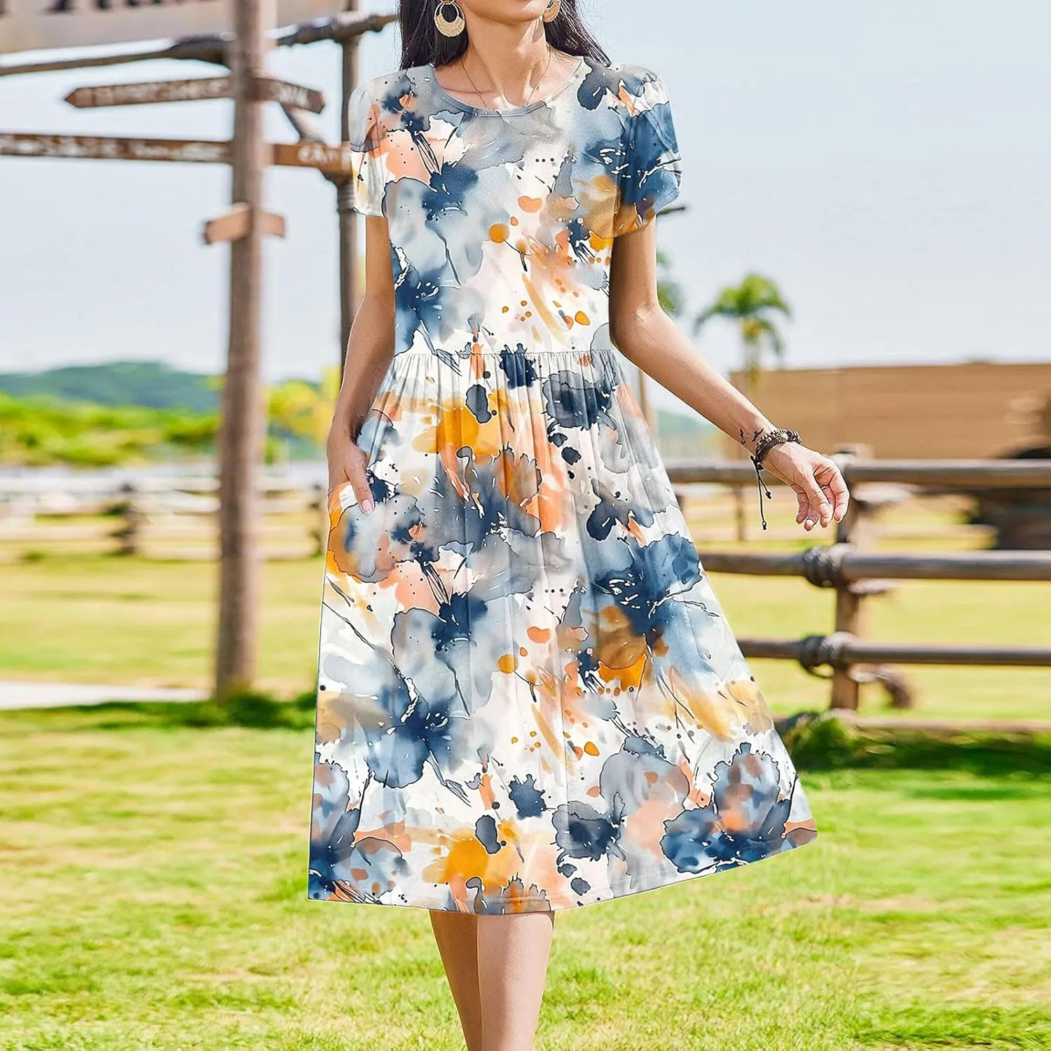 Womens Casual Dress for Summer Short Sleeve Pleated Dress Flowy Floral Beach Dress with Pockets A Line Midi Sundress