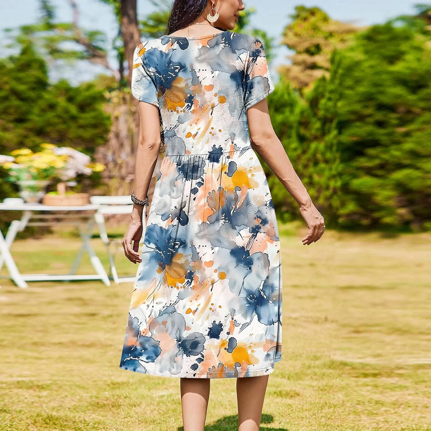 Womens Casual Dress for Summer Short Sleeve Pleated Dress Flowy Floral Beach Dress with Pockets A Line Midi Sundress