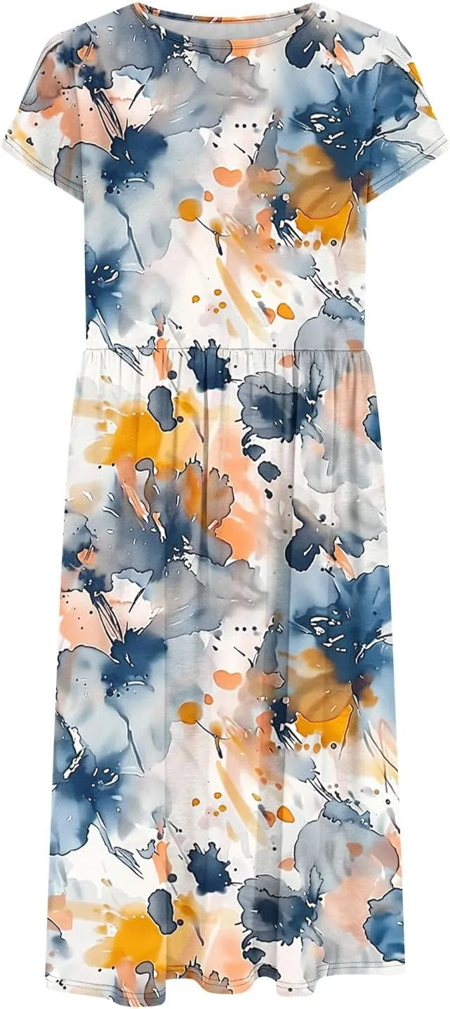 Womens Casual Dress for Summer Short Sleeve Pleated Dress Flowy Floral Beach Dress with Pockets A Line Midi Sundress