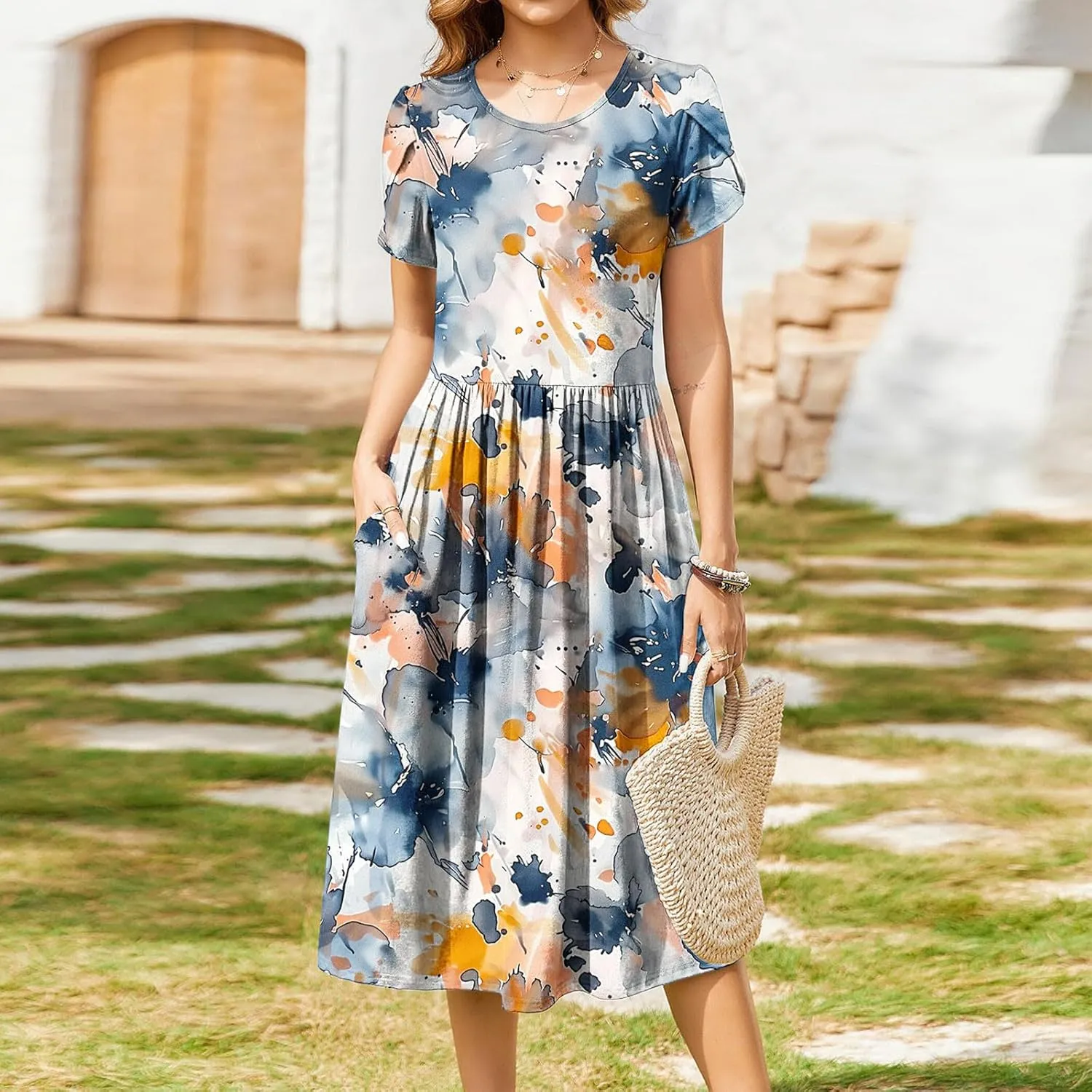Womens Casual Dress for Summer Short Sleeve Pleated Dress Flowy Floral Beach Dress with Pockets A Line Midi Sundress