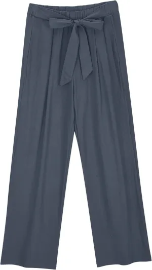Women's Casual Lace Up Pants Lightweight Loose Wide Leg Pant Elastic High Waist Summer Beach Trousers with Pockets