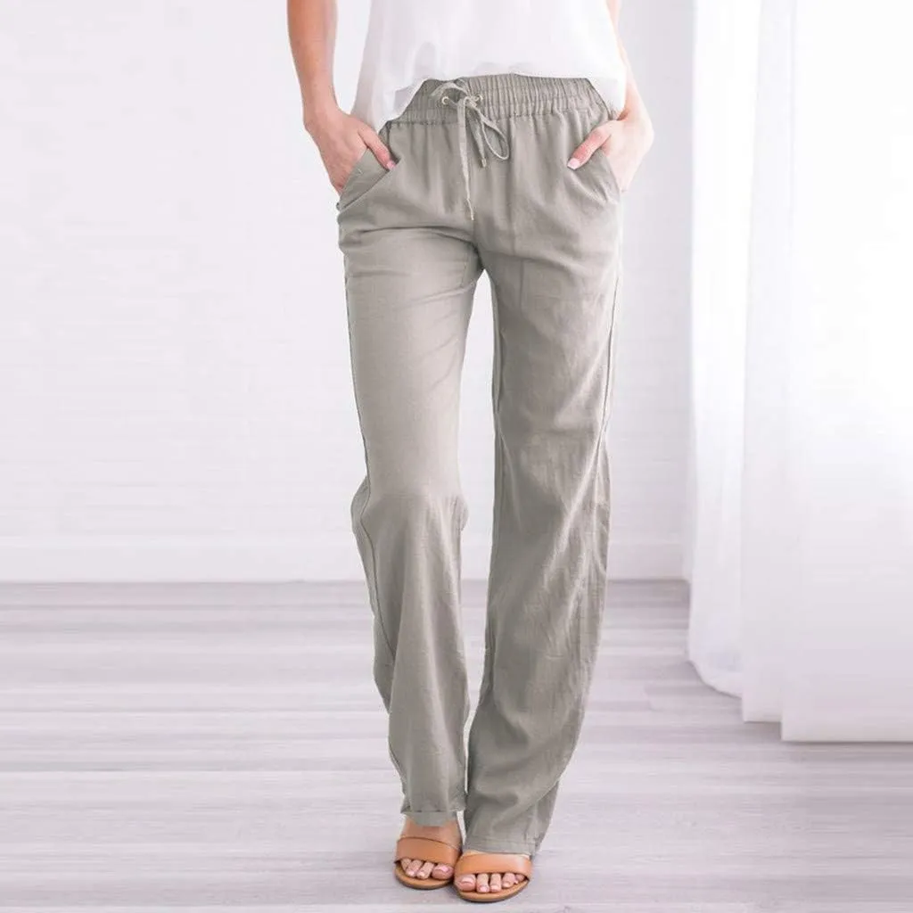 Womens Casual Linen Pants Drawstring Elastic High Waist Straight Leg Pant Lounge Trousers with Pockets Vacation Pants