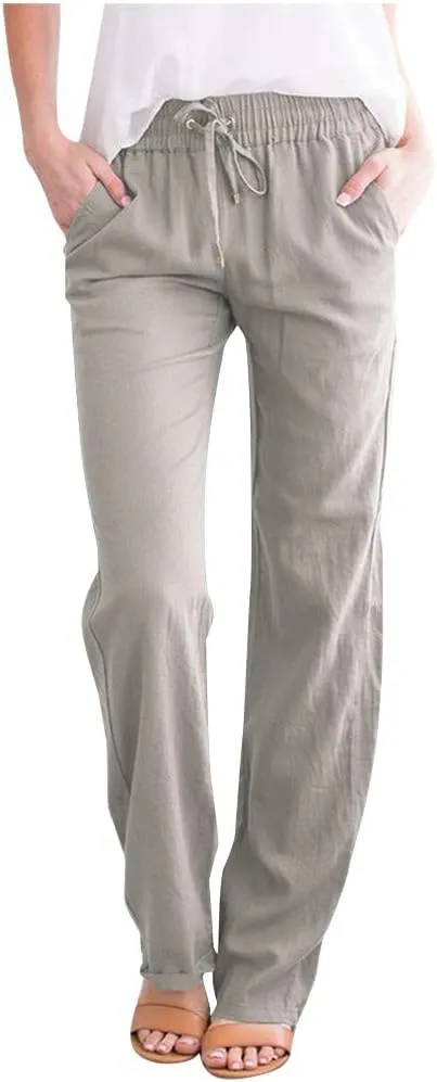 Womens Casual Linen Pants Drawstring Elastic High Waist Straight Leg Pant Lounge Trousers with Pockets Vacation Pants