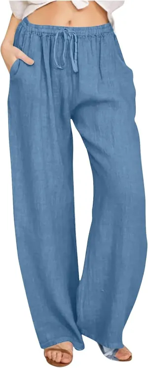 Womens Casual Linen Pants Loose Fit High Waist Boho Palazzo Beach Pants Wide Leg Cropped Elastic Waist Baggy Pants