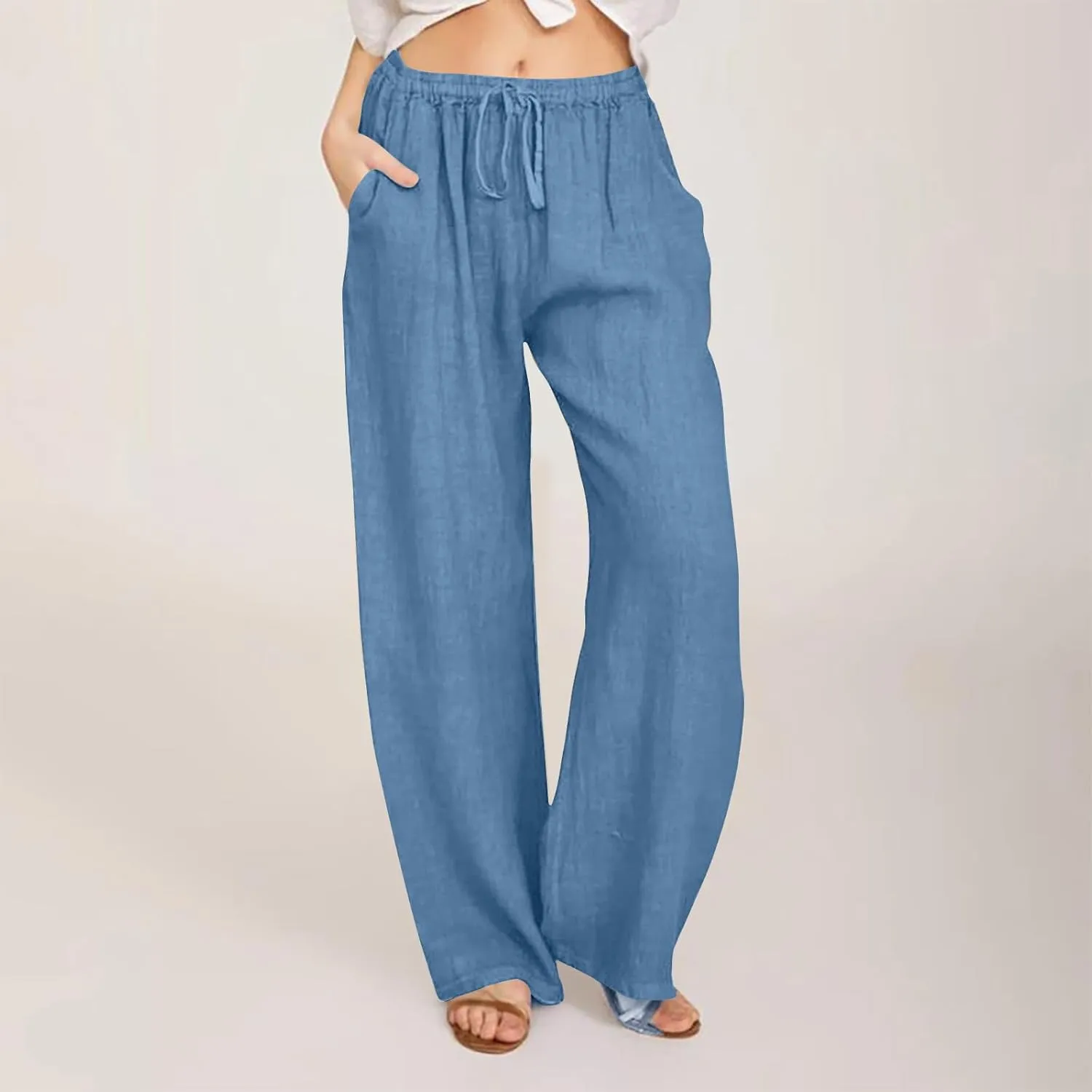 Womens Casual Linen Pants Loose Fit High Waist Boho Palazzo Beach Pants Wide Leg Cropped Elastic Waist Baggy Pants