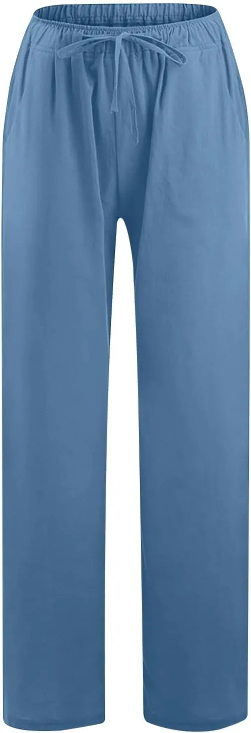 Womens Casual Linen Pants Loose Fit High Waist Boho Palazzo Beach Pants Wide Leg Cropped Elastic Waist Baggy Pants