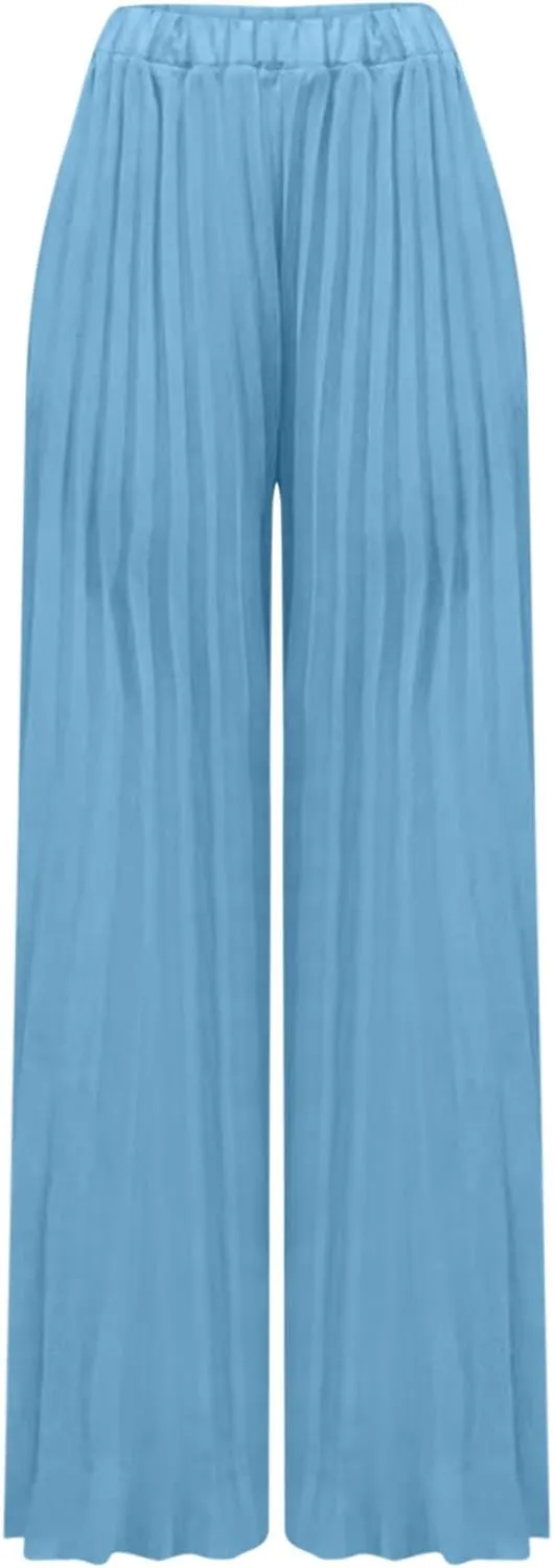 Women's Chiffon Wide Leg Pants High Elastic Waist Cropped Pants Fashion Casual Pleated Ruffle Hem Flowy Trousers