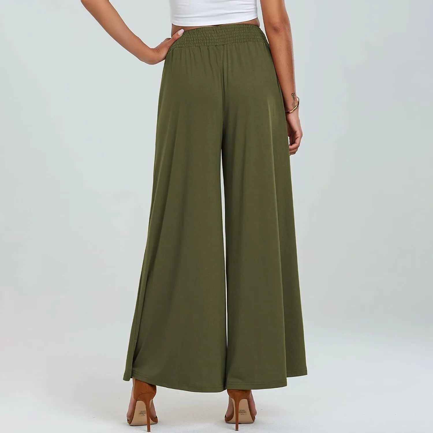 Womens Cotton Linen Elastic High Waist Palazzo Pants Wide Leg Loose Flowy Trousers with Pockets Lightweight Lounge Pants