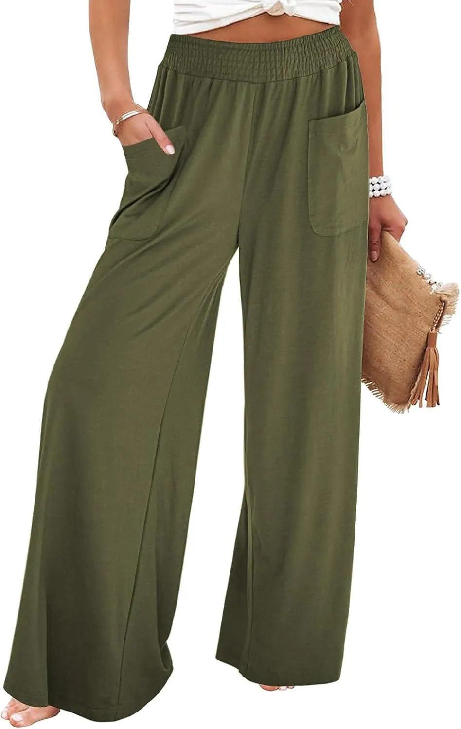 Womens Cotton Linen Elastic High Waist Palazzo Pants Wide Leg Loose Flowy Trousers with Pockets Lightweight Lounge Pants