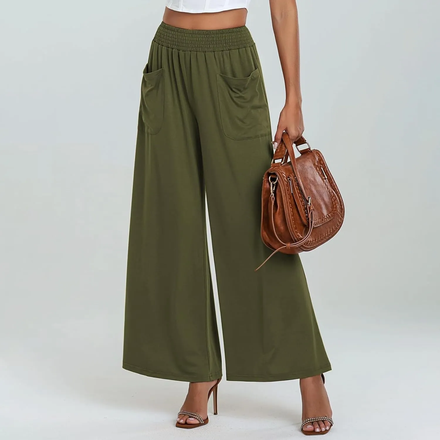 Womens Cotton Linen Elastic High Waist Palazzo Pants Wide Leg Loose Flowy Trousers with Pockets Lightweight Lounge Pants