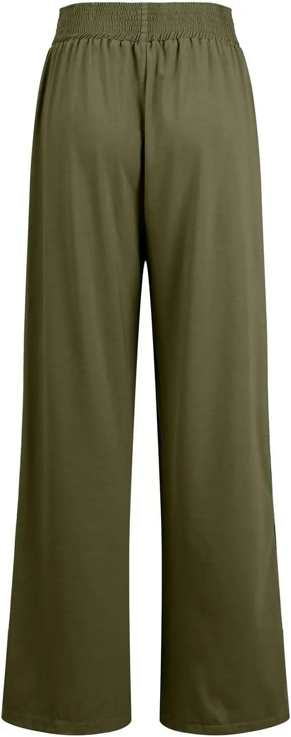 Womens Cotton Linen Elastic High Waist Palazzo Pants Wide Leg Loose Flowy Trousers with Pockets Lightweight Lounge Pants