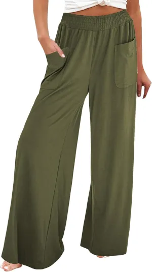 Womens Cotton Linen Elastic High Waist Palazzo Pants Wide Leg Loose Flowy Trousers with Pockets Lightweight Lounge Pants