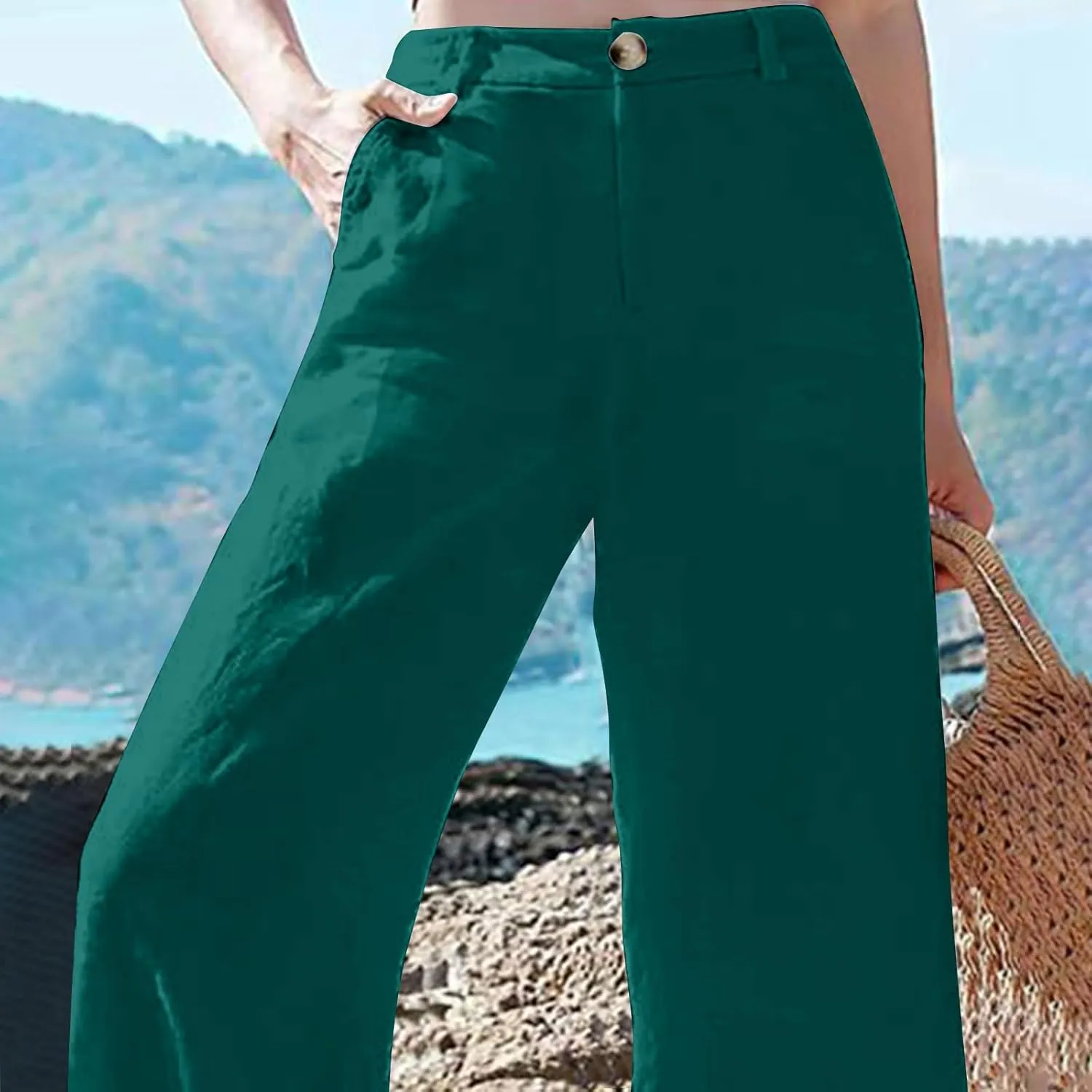 Women's Cotton Linen Flared Pants, Fashion Button Waist Loose Trousers Elegant Business Casual Clothes with Pockets