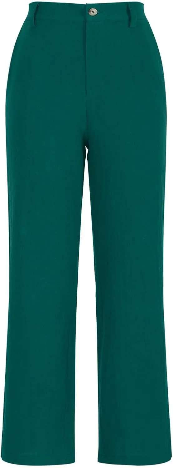 Women's Cotton Linen Flared Pants, Fashion Button Waist Loose Trousers Elegant Business Casual Clothes with Pockets
