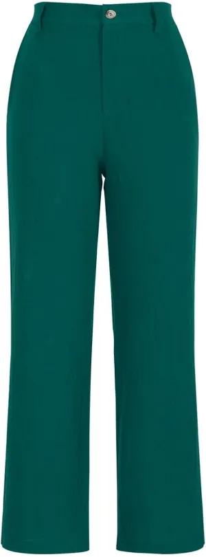 Women's Cotton Linen Flared Pants, Fashion Button Waist Loose Trousers Elegant Business Casual Clothes with Pockets