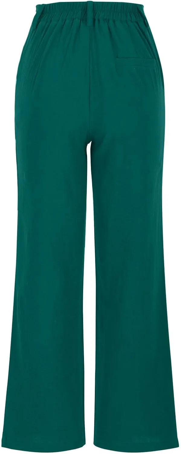Women's Cotton Linen Flared Pants, Fashion Button Waist Loose Trousers Elegant Business Casual Clothes with Pockets