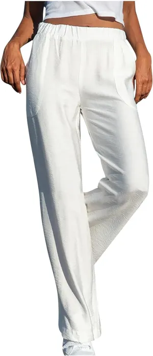 Women's Cotton Linen Lounge Pants Casual Summer Palazzo Pants Flowy Wide Leg Beach Trousers Long Slacks with Pockets