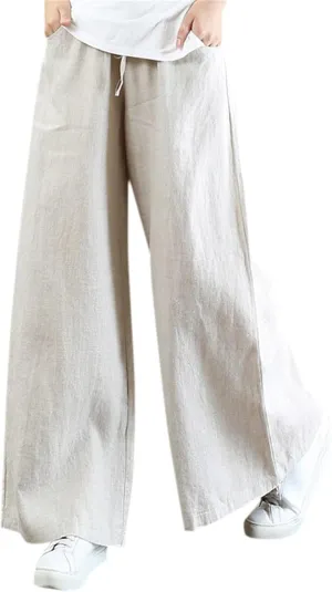 Womens Cotton Linen Palazzo Pants Drawstring Elastic Waist Casual Wide Leg Trousers Summer Beach Pant with Pockets