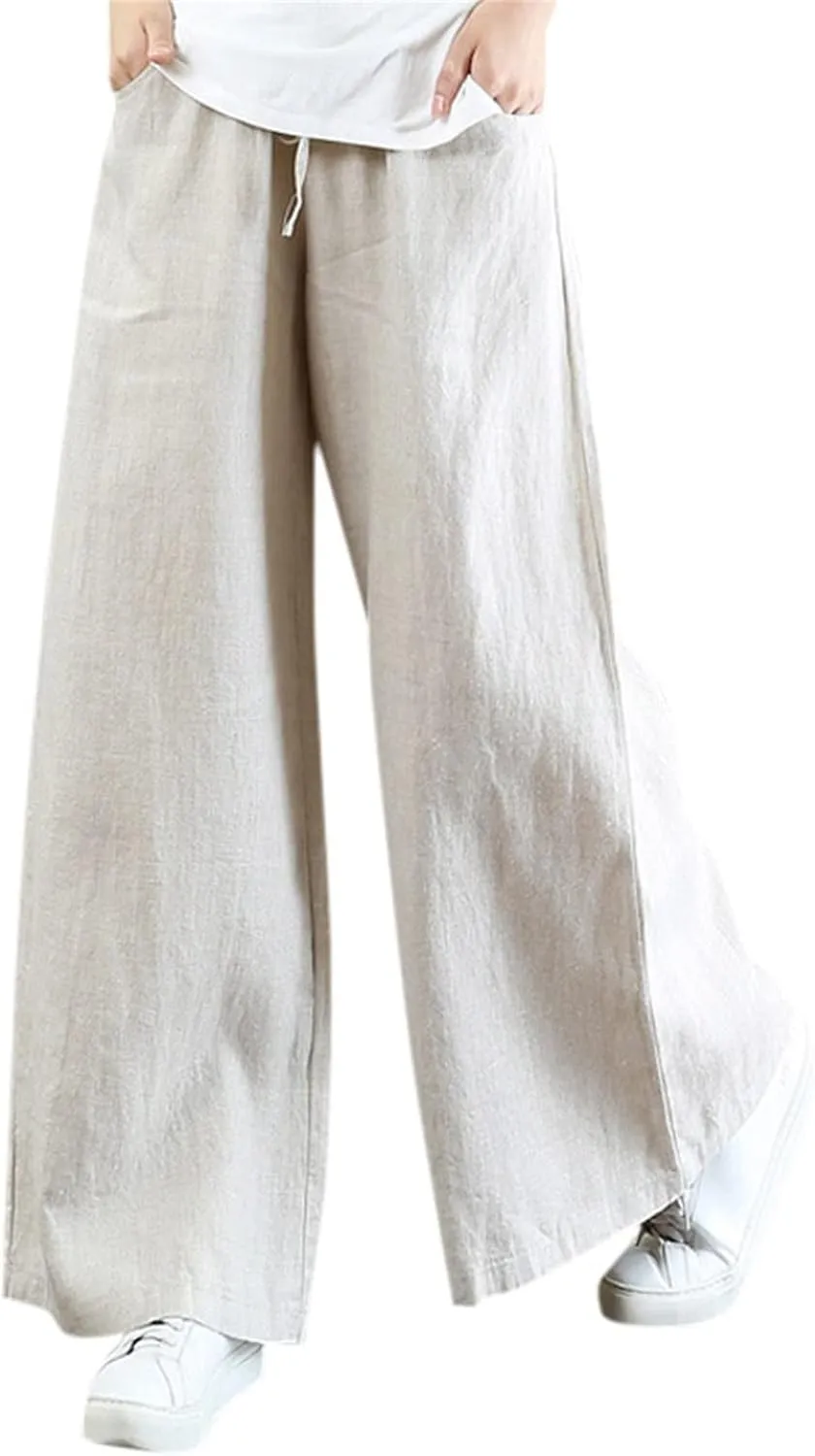 Womens Cotton Linen Palazzo Pants Drawstring Elastic Waist Casual Wide Leg Trousers Summer Beach Pant with Pockets