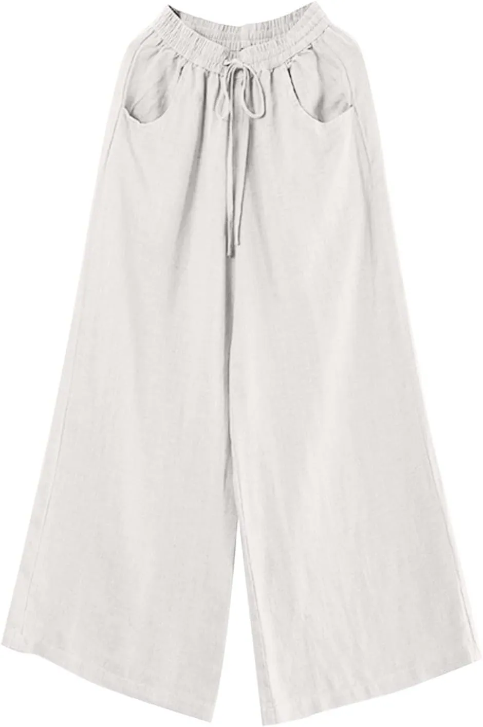 Womens Cotton Linen Palazzo Pants Drawstring Elastic Waist Casual Wide Leg Trousers Summer Beach Pant with Pockets