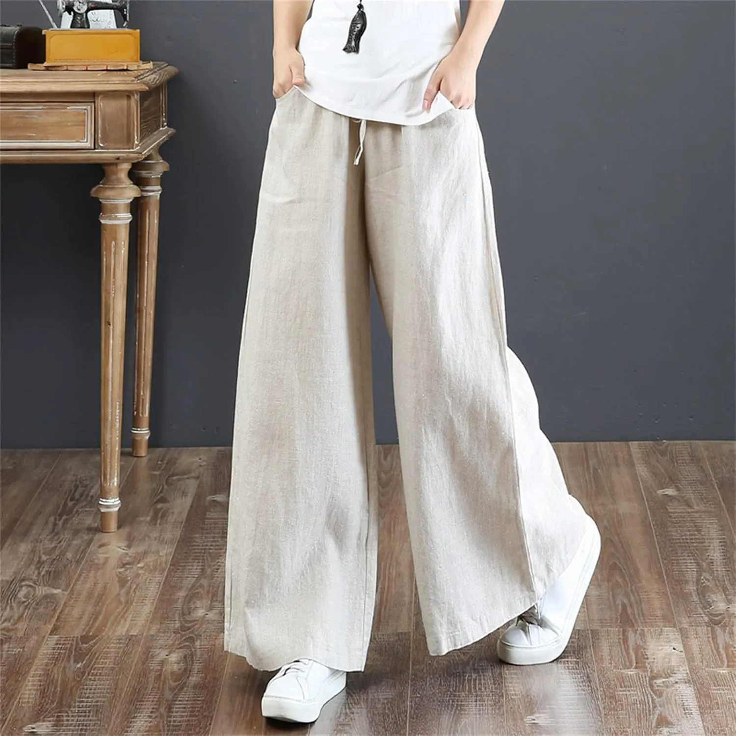 Womens Cotton Linen Palazzo Pants Drawstring Elastic Waist Casual Wide Leg Trousers Summer Beach Pant with Pockets