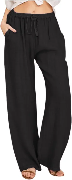 Womens Cotton Linen Palazzo Pants Plus Size Drawstring Elastic Waist Casual Wide Leg Trousers Palazzo Beach Pants
