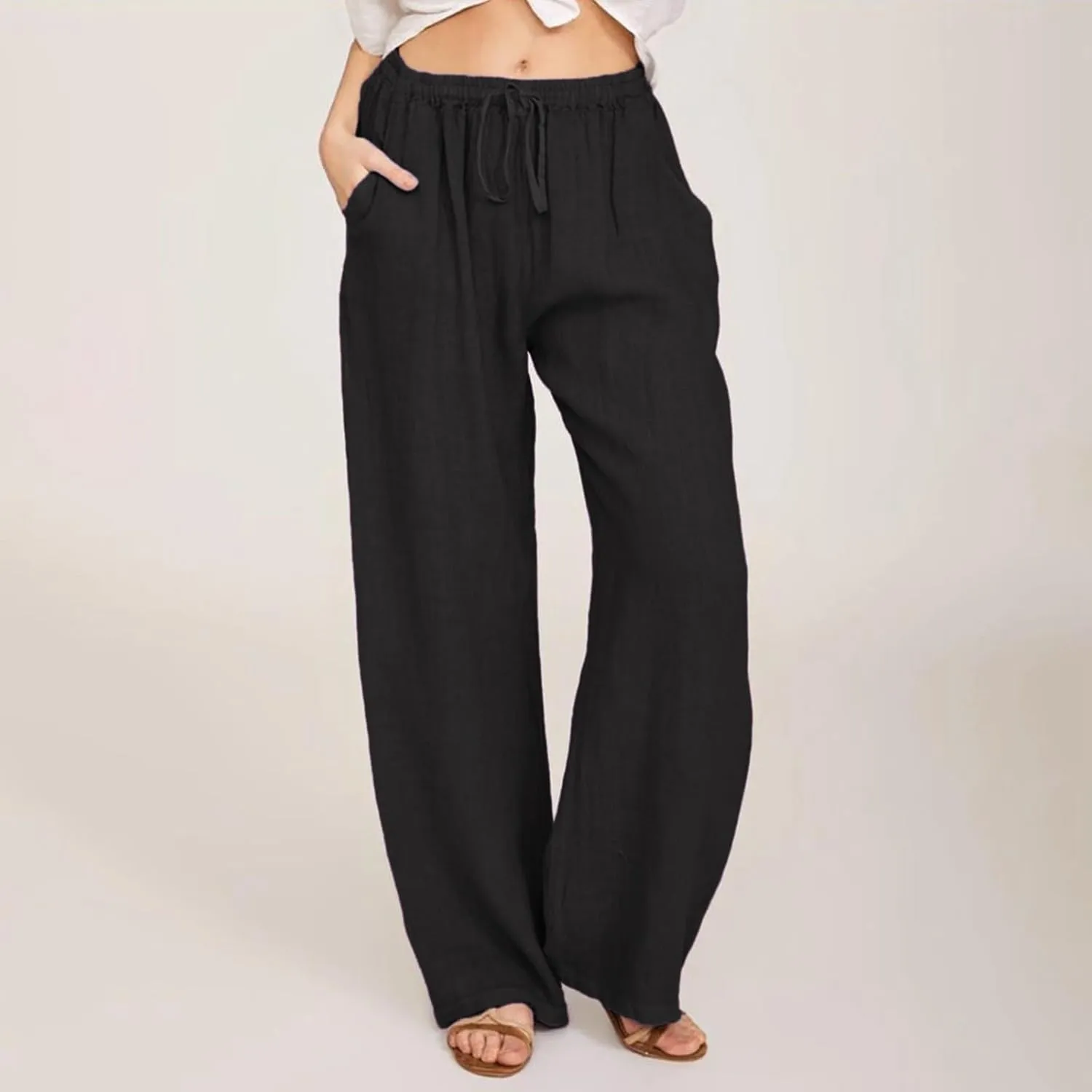 Womens Cotton Linen Palazzo Pants Plus Size Drawstring Elastic Waist Casual Wide Leg Trousers Palazzo Beach Pants