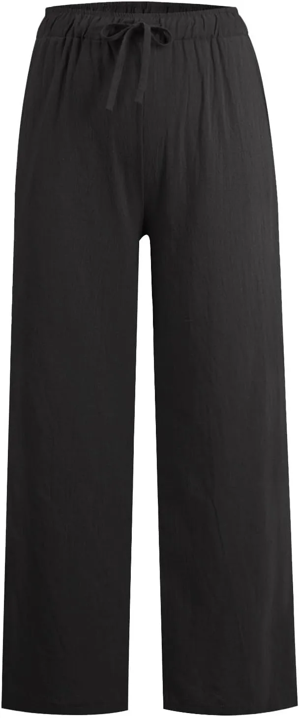 Womens Cotton Linen Palazzo Pants Plus Size Drawstring Elastic Waist Casual Wide Leg Trousers Palazzo Beach Pants