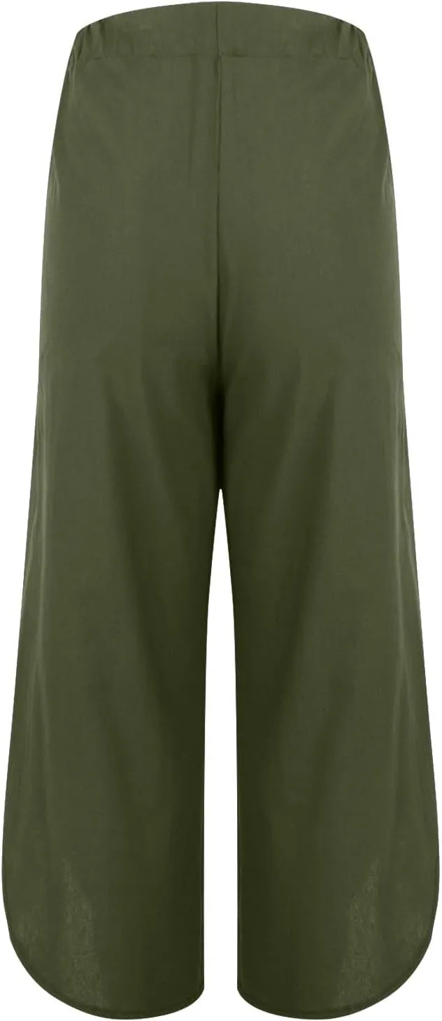 Womens Cotton Linen Palazzo Pants with Drawstring Elastic Waist, Casual Wide Leg Trousers, Summer Beach Pants with Pockets