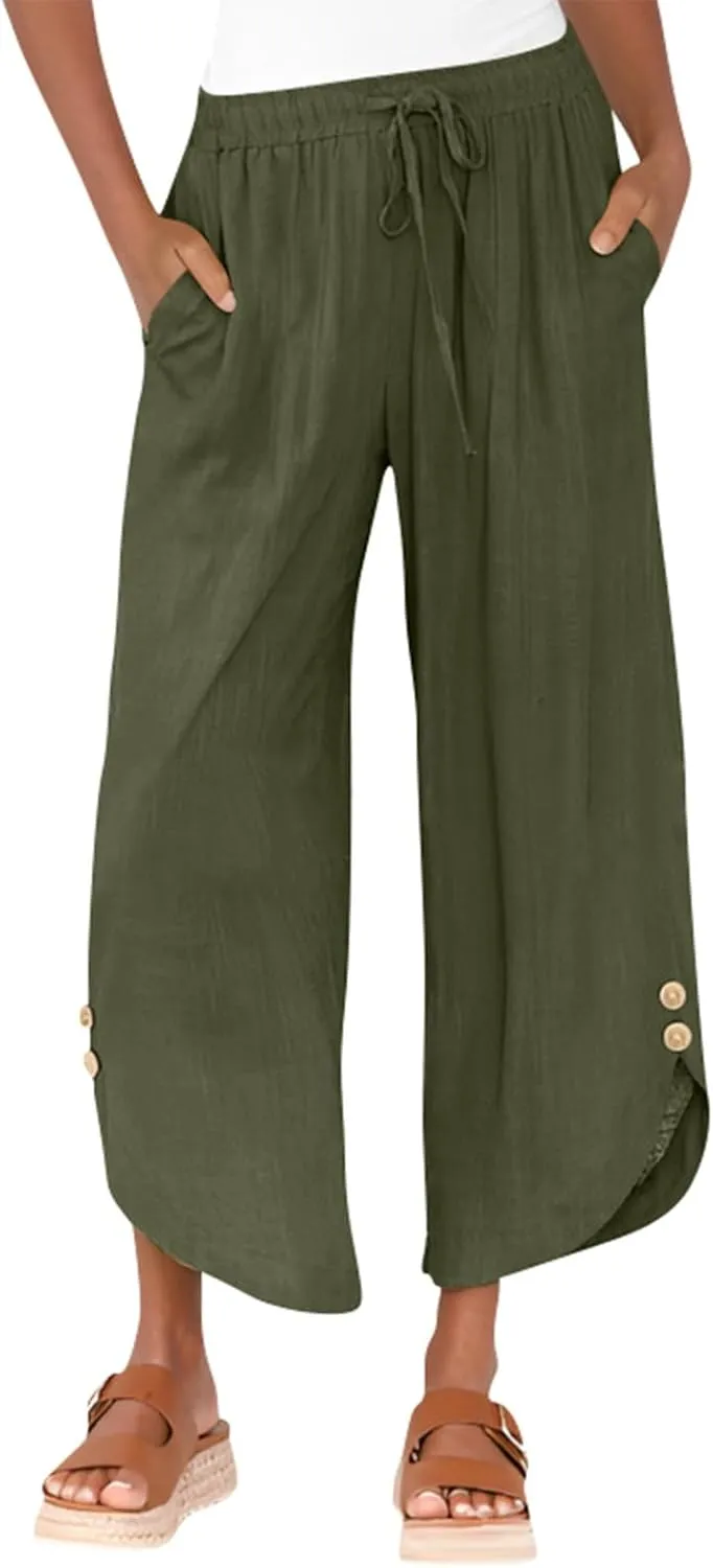 Womens Cotton Linen Palazzo Pants with Drawstring Elastic Waist, Casual Wide Leg Trousers, Summer Beach Pants with Pockets