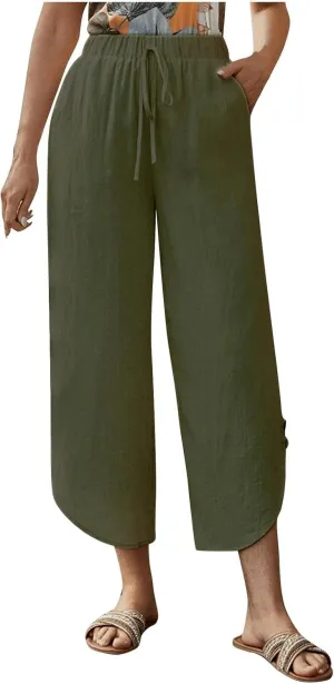 Womens Cotton Linen Palazzo Pants with Drawstring Elastic Waist, Casual Wide Leg Trousers, Summer Beach Pants with Pockets