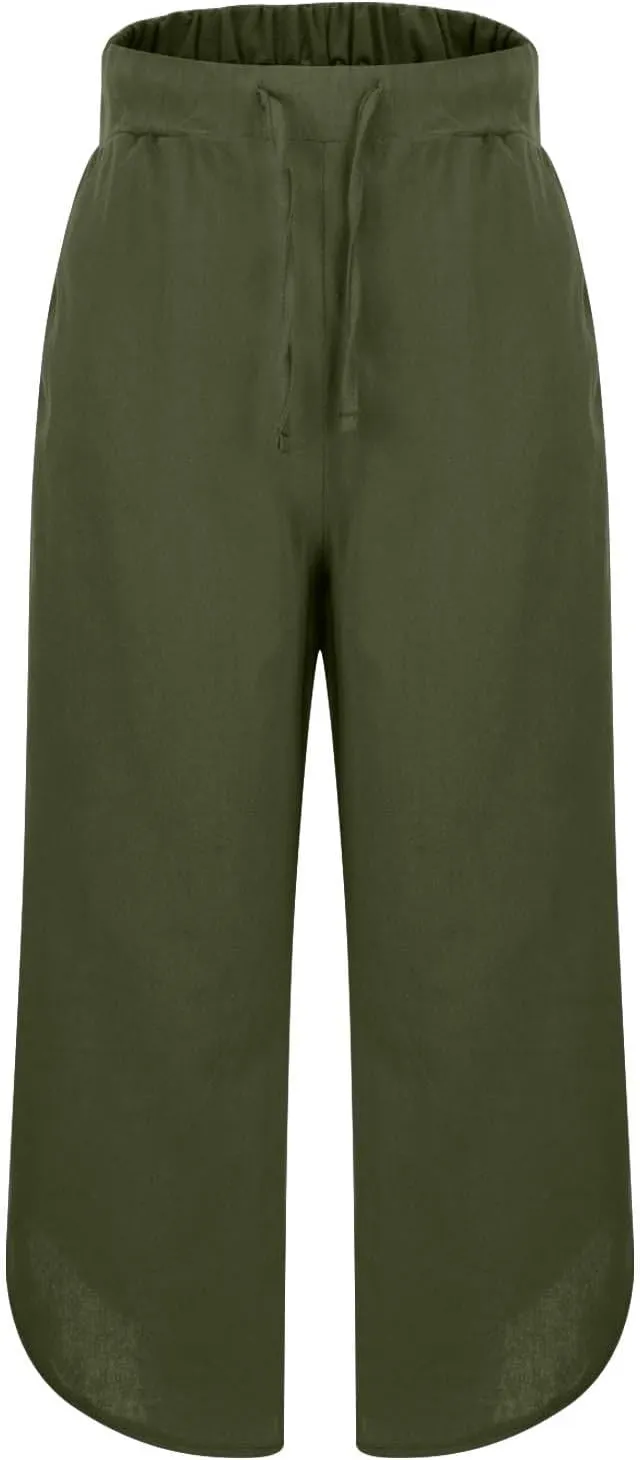 Womens Cotton Linen Palazzo Pants with Drawstring Elastic Waist, Casual Wide Leg Trousers, Summer Beach Pants with Pockets