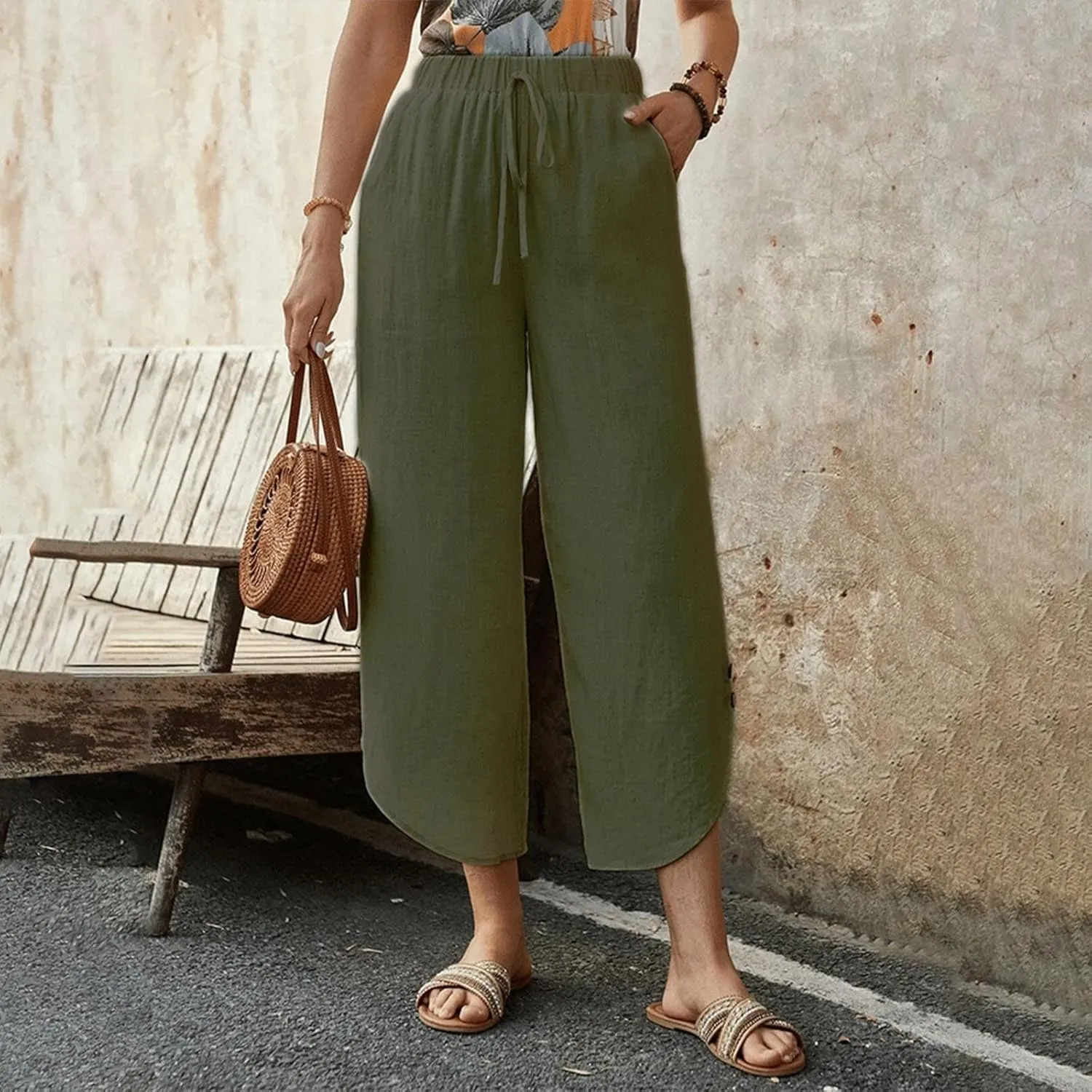 Womens Cotton Linen Palazzo Pants with Drawstring Elastic Waist, Casual Wide Leg Trousers, Summer Beach Pants with Pockets