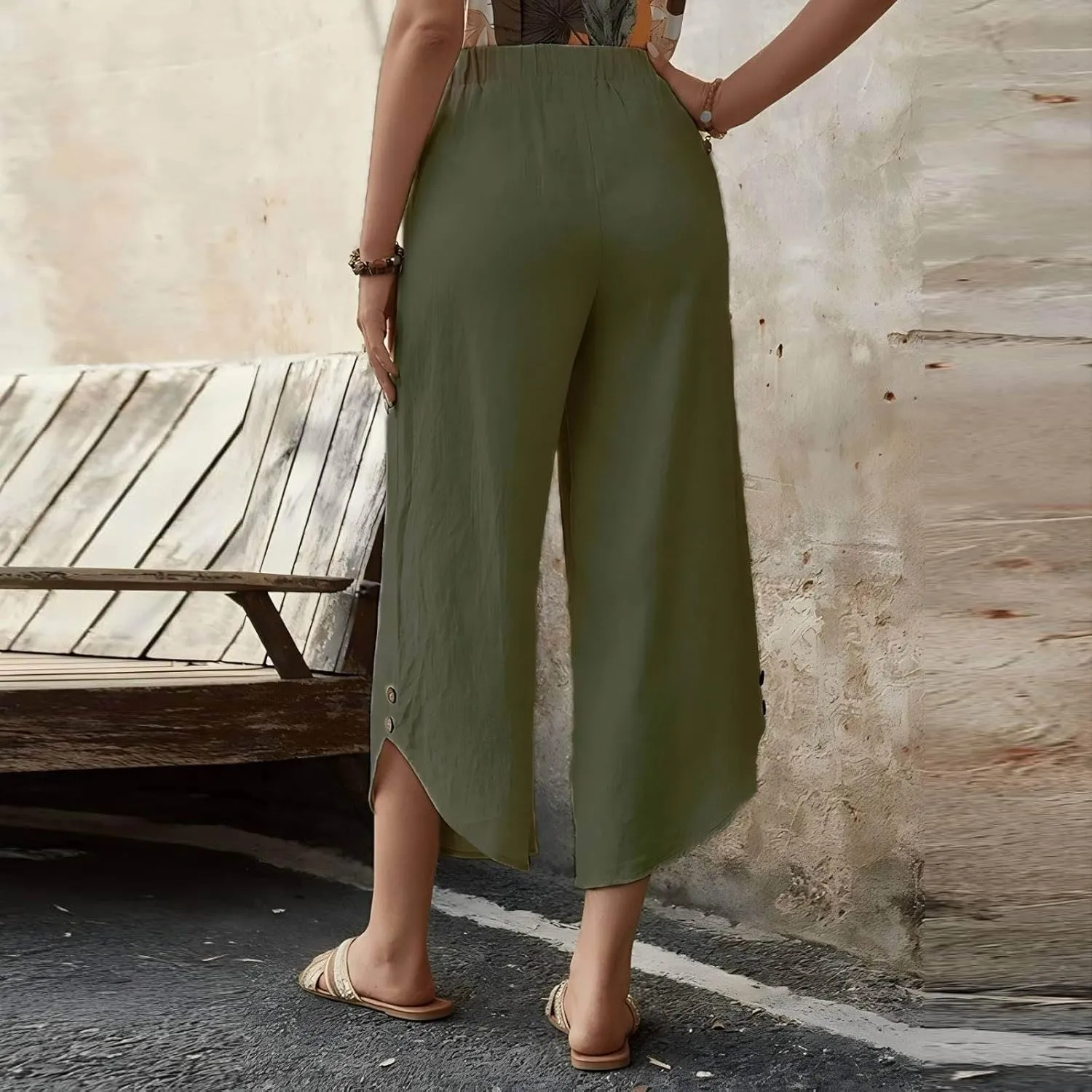 Womens Cotton Linen Palazzo Pants with Drawstring Elastic Waist, Casual Wide Leg Trousers, Summer Beach Pants with Pockets