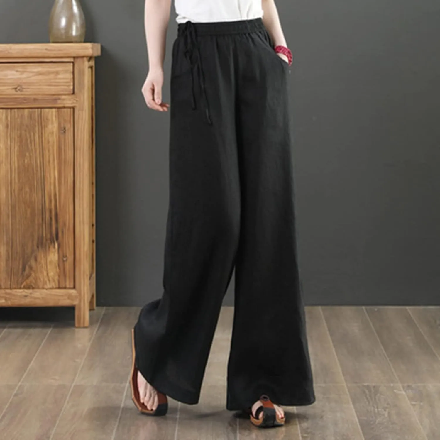 Womens Cotton Linen Pants Casual 2025 Wide Leg Palazzo Pants High Waist Solid Loose Plus Size Trouser with Pockets
