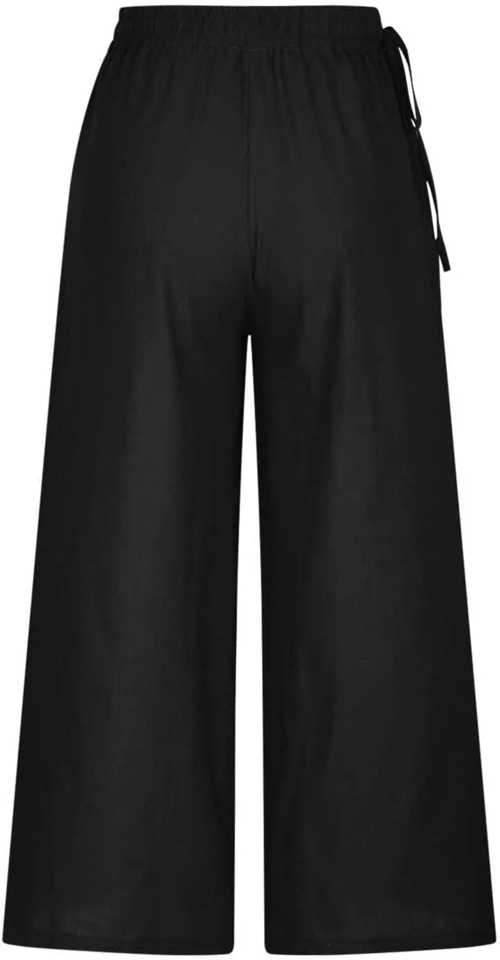 Womens Cotton Linen Pants Casual 2025 Wide Leg Palazzo Pants High Waist Solid Loose Plus Size Trouser with Pockets