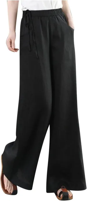 Womens Cotton Linen Pants Casual 2025 Wide Leg Palazzo Pants High Waist Solid Loose Plus Size Trouser with Pockets