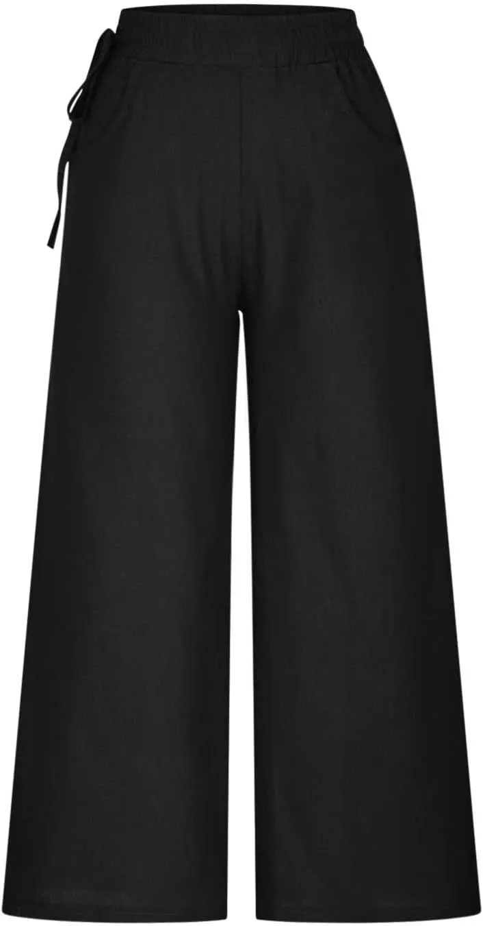 Womens Cotton Linen Pants Casual 2025 Wide Leg Palazzo Pants High Waist Solid Loose Plus Size Trouser with Pockets