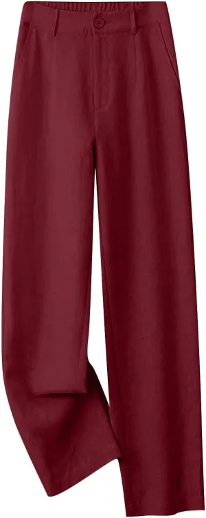 Womens Cotton Linen Pants Casual Summer Button Elastic High Waisted Straight Trousers Work Business Dress Pant Bottoms