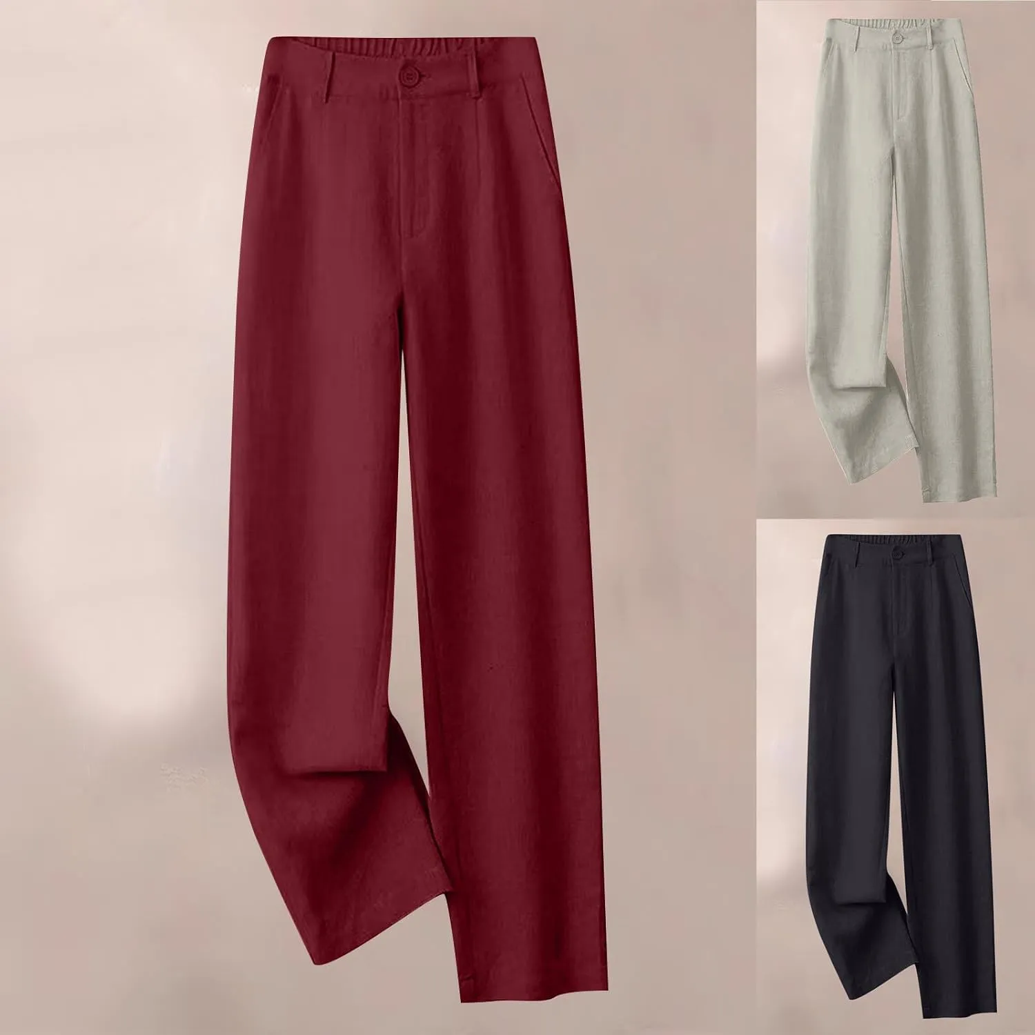 Womens Cotton Linen Pants Casual Summer Button Elastic High Waisted Straight Trousers Work Business Dress Pant Bottoms