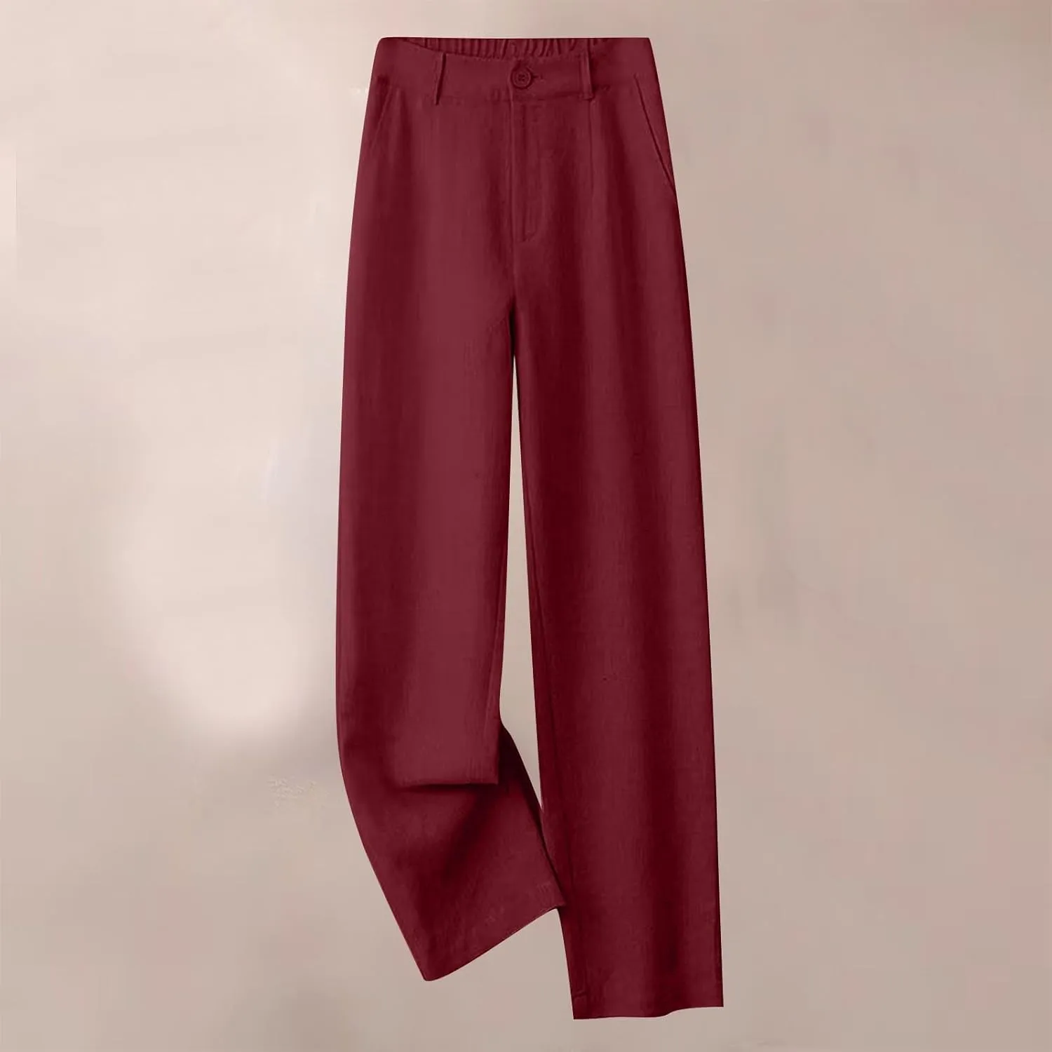 Womens Cotton Linen Pants Casual Summer Button Elastic High Waisted Straight Trousers Work Business Dress Pant Bottoms