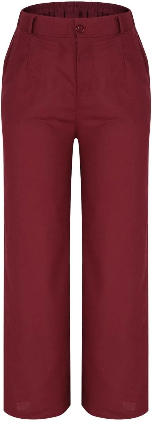 Womens Cotton Linen Pants Casual Summer Button Elastic High Waisted Straight Trousers Work Business Dress Pant Bottoms